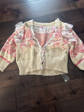 Free People Ivory and Pink Ruffle-Trim Cropped Cardigan